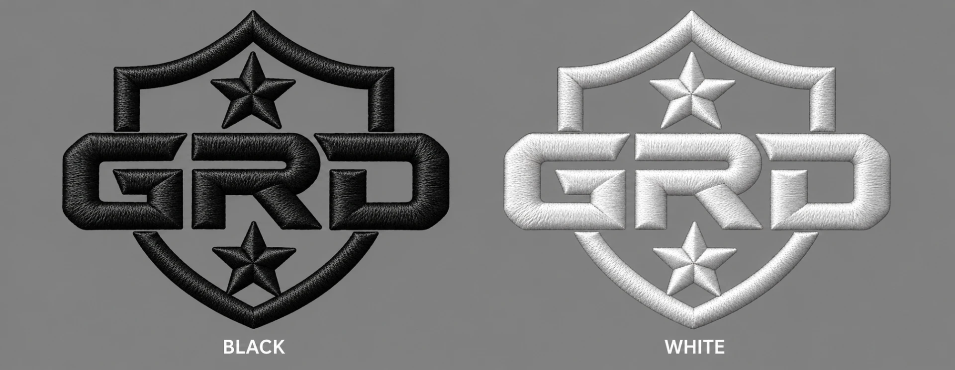 Original GRD embroidered shield in black and white, with one star above and one below